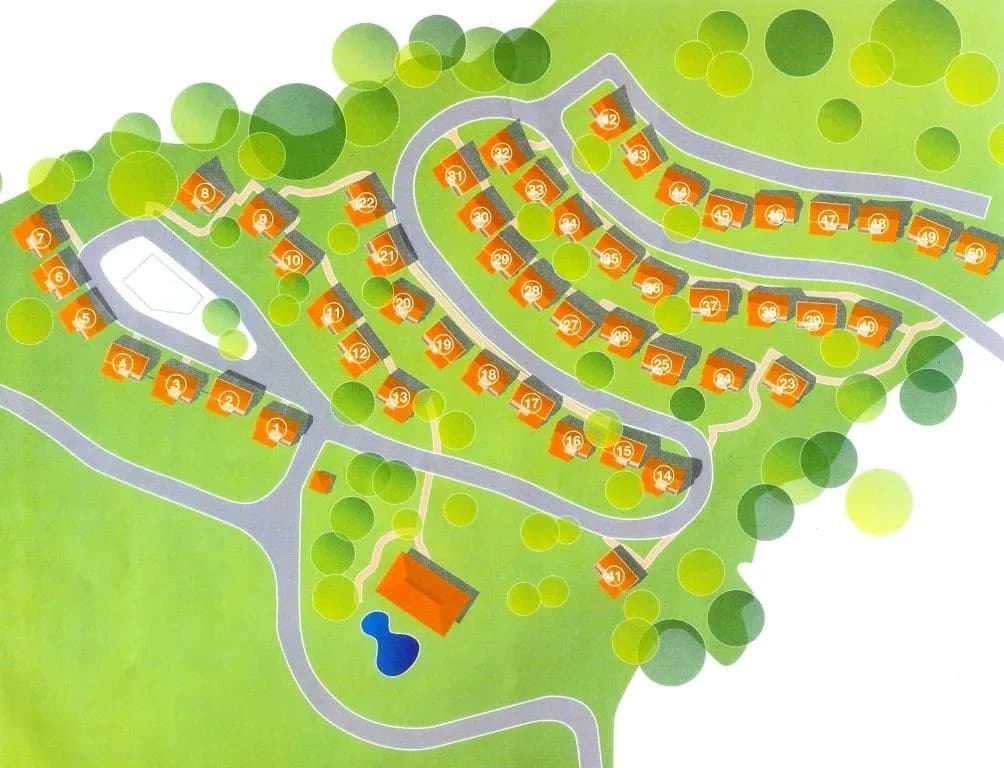 Mapa ilustrado de las villas, la piscina y el restaurante del resort